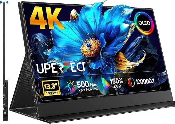 UPERFECT OLED Portable Monitor 4K 13.3 Inch UHD 3840 x 2160 110% DCI-P3 150% sRGB 100000:1 contrast 500 nits ultra-flat aluminium design travel monitor for PC laptop phone and game console