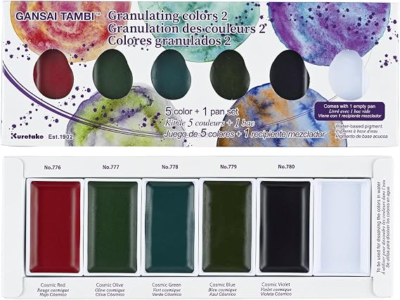 Kuretake Gansai Tambi GRANULATING COLORS 2, 5 Color Set, Made in Japan | 5 granulating colors, Watercolor Paint Set, precise brush control, Professional Use, Artist Grade