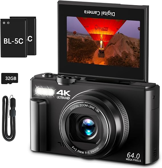 4K Digital Camera for Photography, 64 MP Vlogging Camera for YouTube with 3 Inch (7.6 cm) 180° Flip Screen, 18X Zoom Digital Camera and Shooting Camera with 32 GB Micro SD Card
