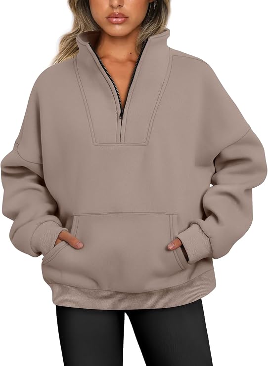 Jhsnjnr Women's Quarter Zip Jumpers Fleece Lined Pullover Sweater Tops Plain Oversized Sweatshirts