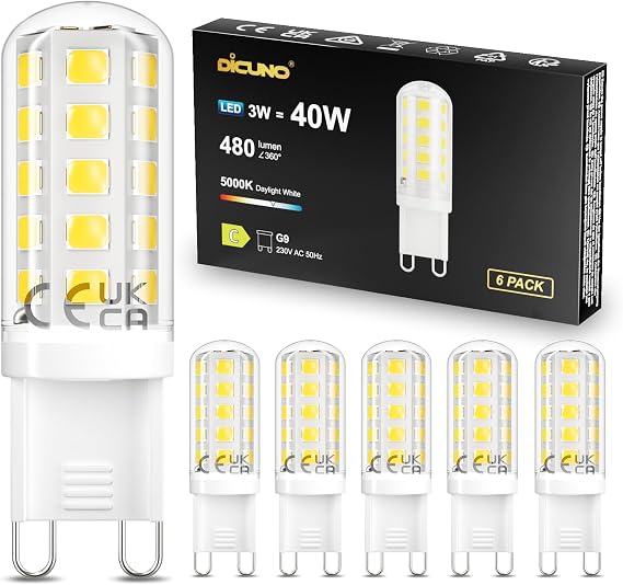 DiCUNO G9 LED Bulbs C Class, 3W=40W, Daylight White 5000K, 480LM, 6Pcs [Energy Class C]