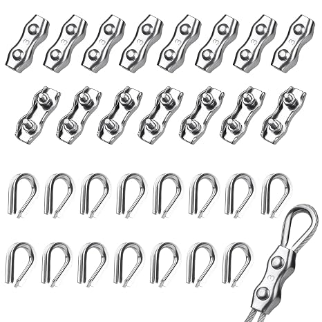 30Pcs Wire Rope Clamp M3, 15PCS 304 Stainless Steel Cable Clamps with 15PCS Wire Rope Thimble, 3mm Wire Clamp, Duplex Rope Clamp Fence Wire Connector