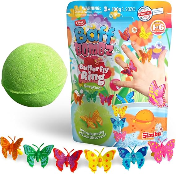 ZIMPLI Large Butterfly Ring Surprise Bath Bomb, 1 of 6 Wearable Surprise Butterfly Rings to Collect, One per Baff Bomb, Bath Bomb Birthday Gift for Girls, Mystery Toy, Bath Toys for Kids