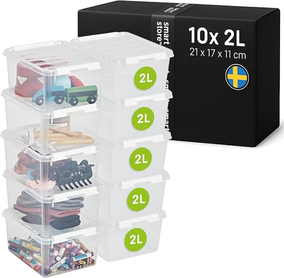 SmartStore - 10x Plastic Storage Box with Lid Classic 2L (21x17x11cm) |Storage Drawers|Food-Safe Material|Kitchen & Organisation|BPA-Free|Durable Container for Home & Office|
