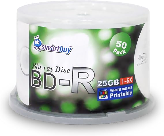 Smartbuy 50-disc 25GB 6X BD-R Blu-Ray White Inkjet Hub Printable Blank Media Disc + Black Permanent Marker