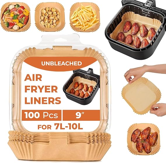 Roe Tenpo Air Fryer Liners, 100Pcs Disposable Baking Parchment Paper, Non-Stick and Greaseproof, Air Fryer Accessories for Ninja, COSORI, Tefal Easy Fry Mega 7.5 L, Russell Hobbs XXL 8L Air Fryer