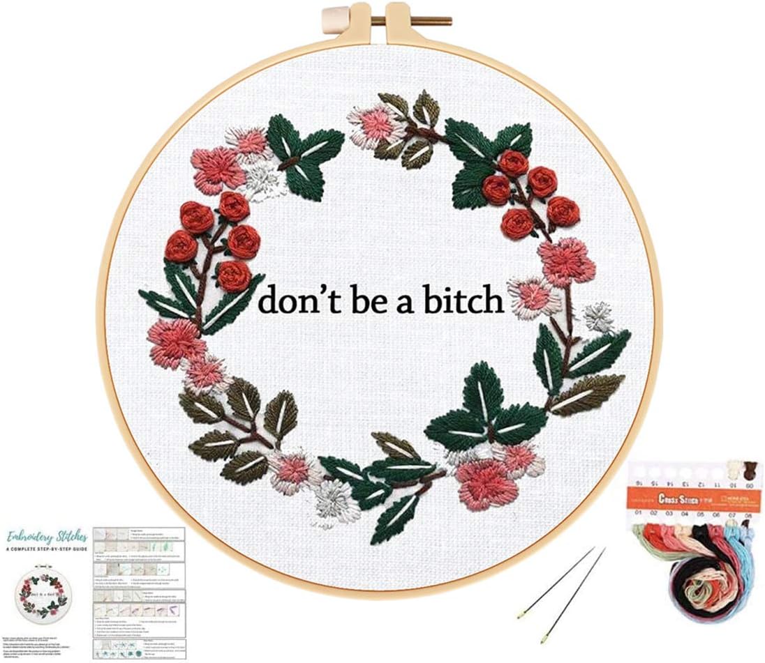 Louise Maelys Cross Stitch Kit Full Range DIY Floral Wreath with Funny Sayimg Embroidery Kit for Beginner