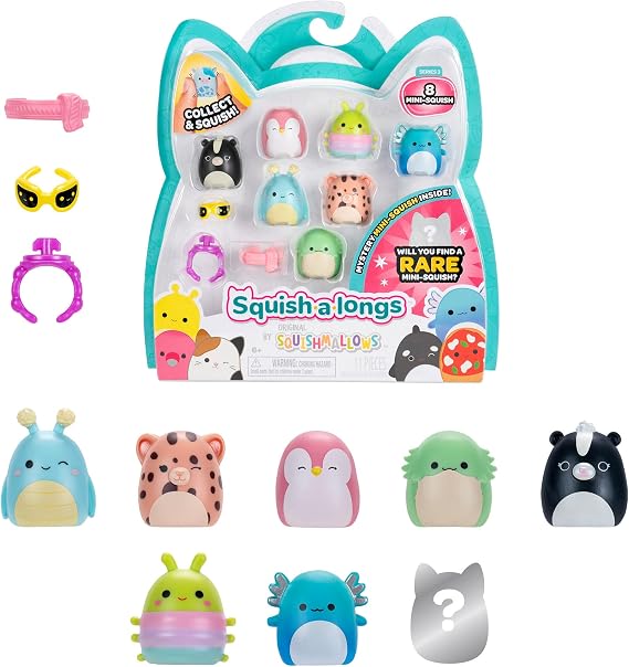 Squish-a-longs Mini-Squish 8-Pack (Wave 3, Style 1) - Skunk, Pink Penguin, Blue Axolotl, accessories and more