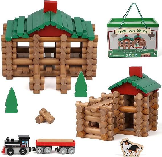 Wondertoys 208 Pcs Wooden Log Set - Classic Building Logs Ages 3+ Best Retro Building Gift Set for Boys - Creative Construction Engineering Educational Gifts
