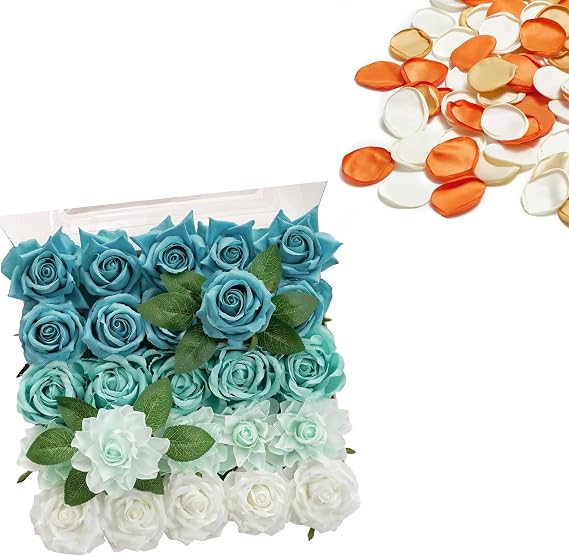 TINGE TIME Artificial Flowers 25pcs Teal Green Rose and 400pcs Burnt Orange Silk Flower Petals for Wedding