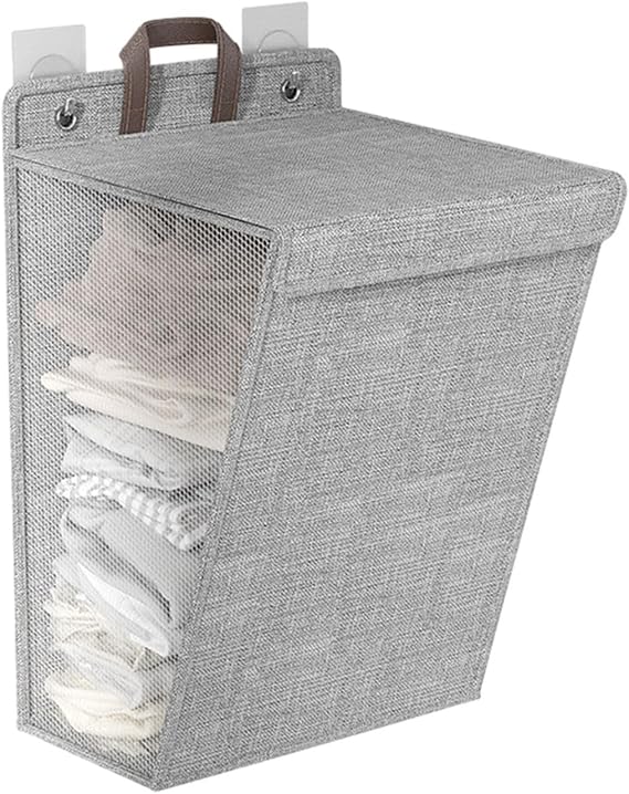 Foldable Hanging Laundry Basket - Wall Mounted Storage Basket | Dirty Clothes Basket With Lid | Dustproof Clothes Hamper Storage | Travel Storage Bucket For Home Bathroom Apartment