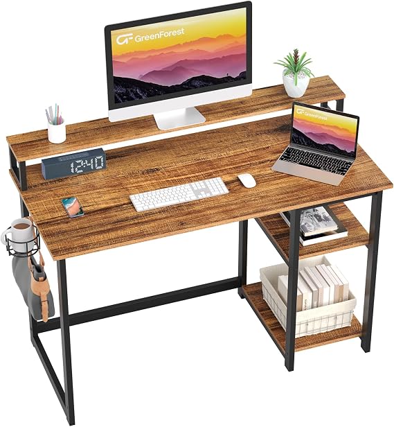 GreenForest Computer Desk with Full Monitor Stand,100 cm Home Office Desk with Reversible Storage Shelves,Small Study Desk with Headphone Hook and Cup Holder,Brown