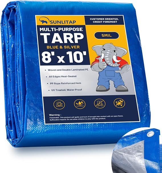 8x10Ft Large Multipurpose Waterproof Poly Tarp Cover, Blue, 5 Mil