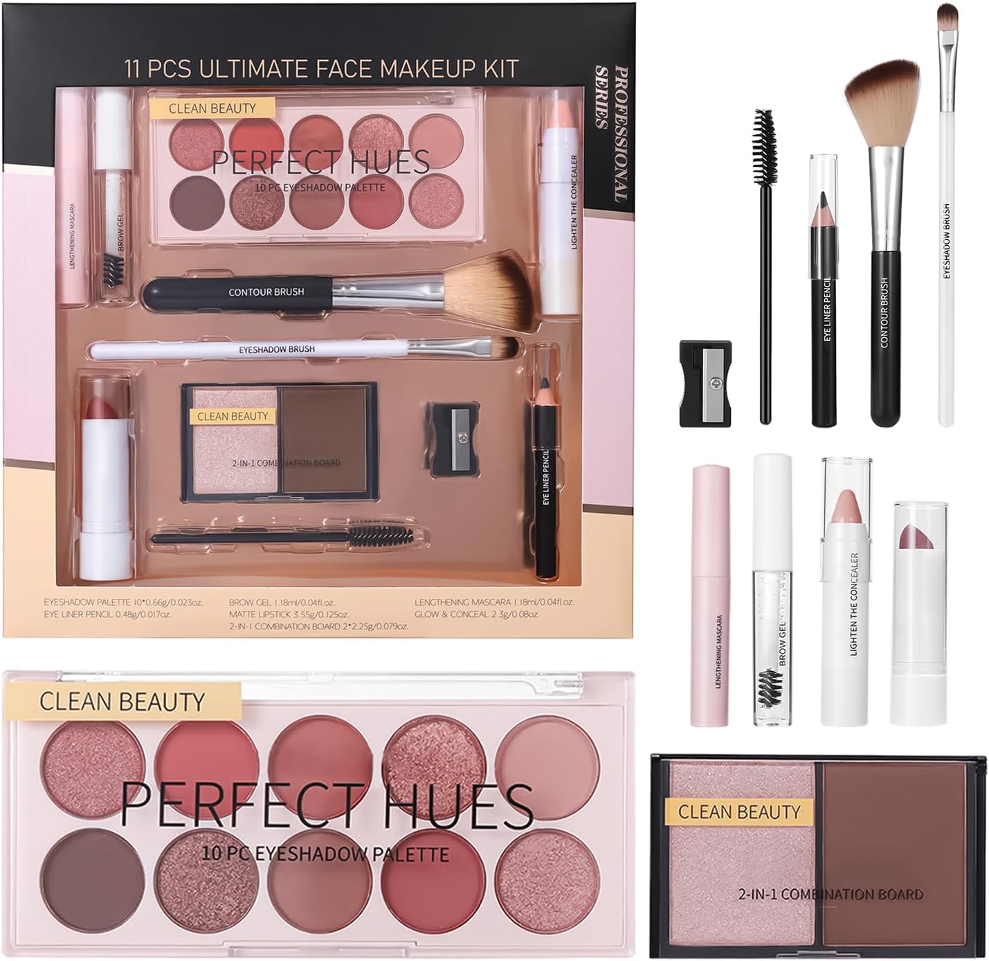 Beginner Makeup Set, Adult Makeup Kit 11 Piece Highlight Lipstick Eyeshadow Palette Brush Mascara - For Girls Teens Travel Christmas Party Wedding