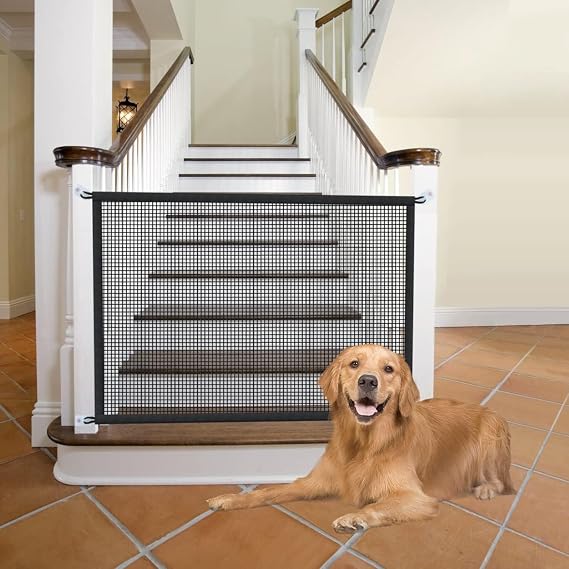 Dog Gate for Stairs Pet Gates for The House: Dogs Screen Mesh Gate for Doorways Stairways Indoor Safety 29 inches Tall, 38 inch Wide .6 Hooks !