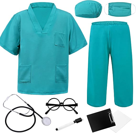 Doctor Costume for Kids - Medical Scrubs Dress-Up Set Ages 3-12 | Includes stethoscope, mask, cap, glasses,clipboard, paper and pen for Halloween, Career Day,school dress-up and pretend play.