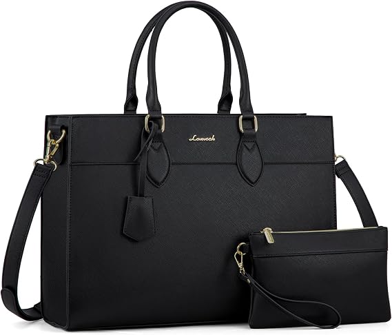 LOVEVOOK Laptop Bag for Women, Waterproof Leather Laptop Tote Bag, Large Professional Work Bag Purse & Business Computer Briefcase for Office, Teacher, Gifts, Black