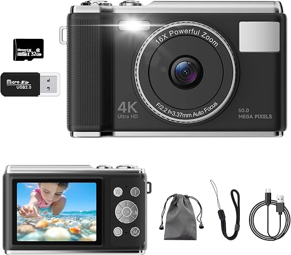 Digital Camera 4K Video Recording, 50 Million Pixels Digital Camera with 32GB Micro SD Card AF Auto Focus Compact Camera 2.83-Inch Large Screen 16x Zoom Flash Equipped with Image Stabilization