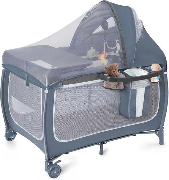SIMPLGIRL Bedside Bassinet for Baby, 4 in 1 Pack n P-Lay Bassinet Bedside Sleeper Baby Crib with Mosquito Net,T-oys & Music B-ox, Mattress, Foldable Playard for Newborn to Toddles