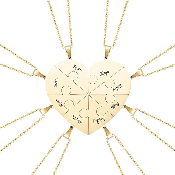 Personalized Heart Puzzle Necklaces Set, Custom Name Necklace 2/3/4/5/6/7/8 Pieces Bff & Family Jewelry Customized Gift for Women Men