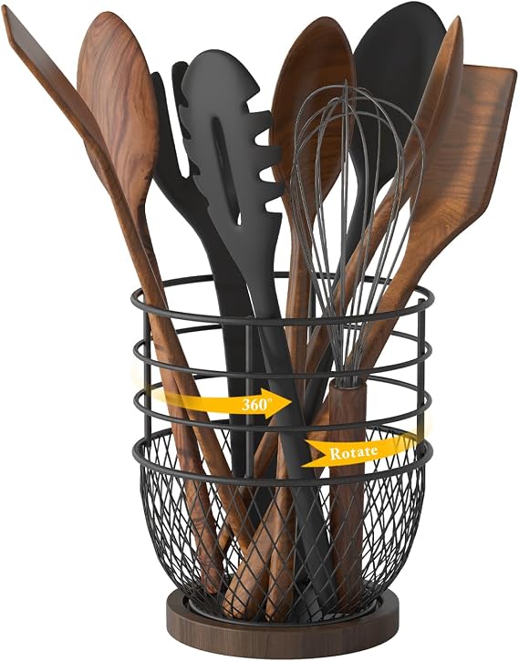 360 Rotating Utensil Holder, Iron Kitchen Organizer with Wooden Base