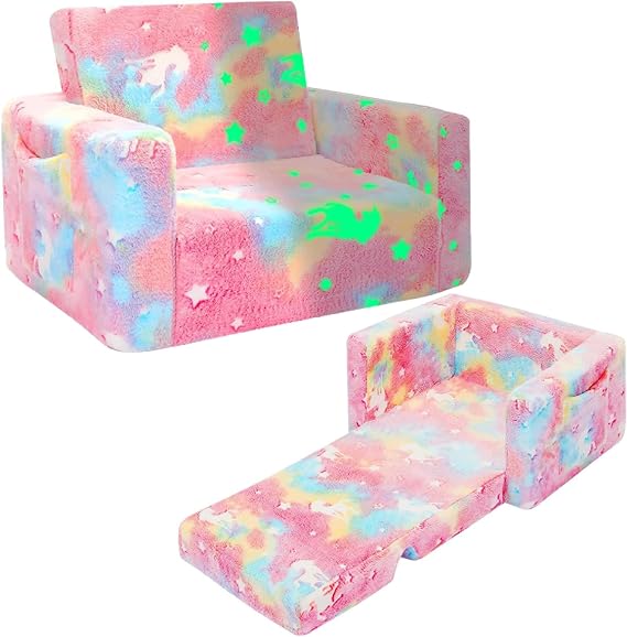 SLIGUY Toddler Couch, Kids Couch, Sofa for Toddler,Fold out Kids Sofa Chair, Toddler Convertible Sofa to Lounger Pull Out Couch, Unicorn Glow in the dark Sofa Chair for boys and girls (Large)