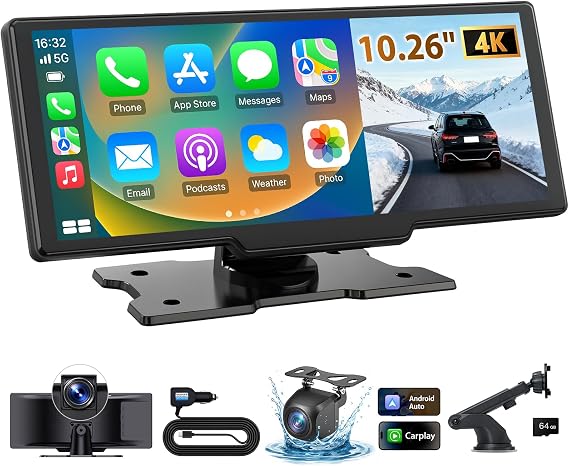 10.26" Wireless CarPlay Screen for Car with ADAS, 4K Dash &1080P Backup Cam