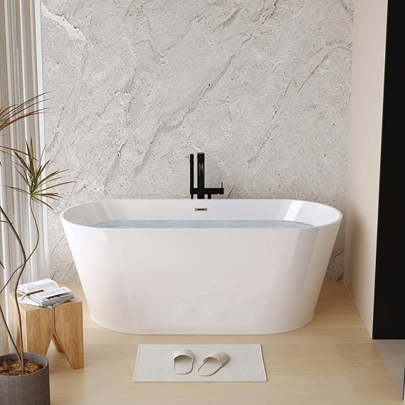 Zavdte 55" Freestanding Acrylic Bathtub, Gloss White Stand Alone Soaking Tub with Toe-tap Chrome Drain, Double-Wall Insulation, CUPC Certified, Easy Install & Spacious Design