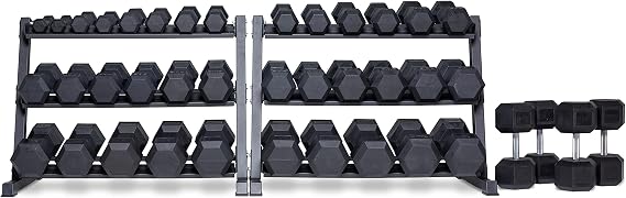 REP Fitness Rubber Hex Dumbbell Set, Adjustable Weight Pairs, Home Gym Equipment, Strength Training For Men Women, Black Coated Grips, Workout Rack Storage Optional, Heavy Lb Free Weights