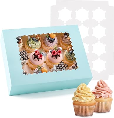 Hoewina 6PCS Cupcake Boxes - Hold 12 Count Cupcake Containers with Window, Food Grade Cupcake Holder Easy Transport and Presentation - Ideal for Cupcakes, Desserts, and More Baby Blue