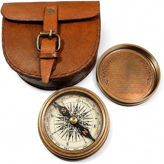 Authentic Vintage Style Brass Pocket Compass with Leather Case Rustic Vintage Home Decor Gifts