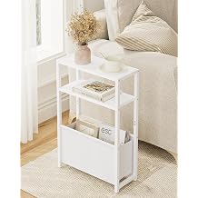 Narrow Side Table for Small Spaces, Small End Table with Storage Basket, Slim Bedside Table for Bedroom, White Sofa Side Tables Living Room,Bathroom