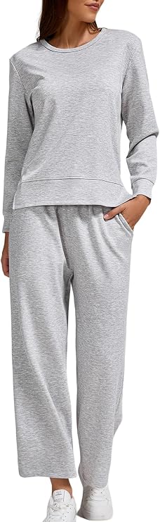 YETOWA Womens Air Layer Fabric 2 Piece Set Stylish Long Sleeve Top & Wide Leg 3/4 Pants Lounge Matching Tracksuit