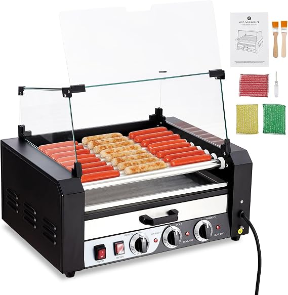Hot Dog Roller 9 Rollers 24 Hot Dogs Capacity, 1650W Stainless Sausage Grill Cooker Machine with Removable Oil Drip Tray Dual Temp Control and Glass Hood Cover, Hot Dog Machine for Commercial & Party