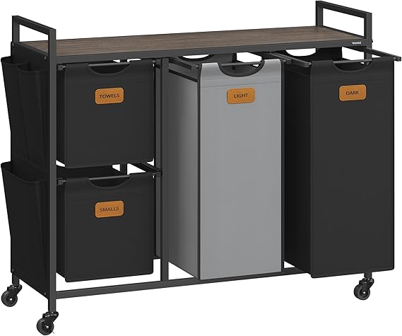 VASAGLE Laundry Hamper with 4 Compartments, 39.6 Gal. (150 L) Laundry Sorter, Rolling Laundry Cart with Shelves, Small Side Pockets, 6 Labels, Chestnut Brown, Ink Black and Dove Gray UBLH203B01