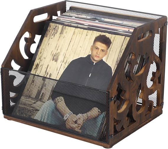 Vinyl Record Storage Crate, Vintage Wood Metal Record Holder, LP Record Storage Organizer with Handles, Vinyl Record Rack Album Holder for Desktop, Rustic Record Storage Box