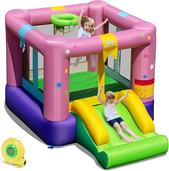 BOUNTECH Inflatable Bounce House, Party Bouncy House with 480W Blower for Kids 3-12 Indoor Outdoor, Basketball Game, Toddler Bounce House with Slide for Boys Girls Birthday Backyard Gifts