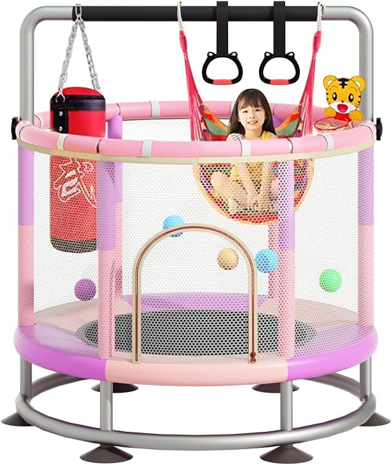 60" Trampoline for Kids, Anti-Rollover Round Bottom Baby Toddler Trampoline | Indoor/Outdoor Kid MiniTrampoline with Enclosure Net and Basketball Hoop, Children's Gift for Halloween, Christmas
