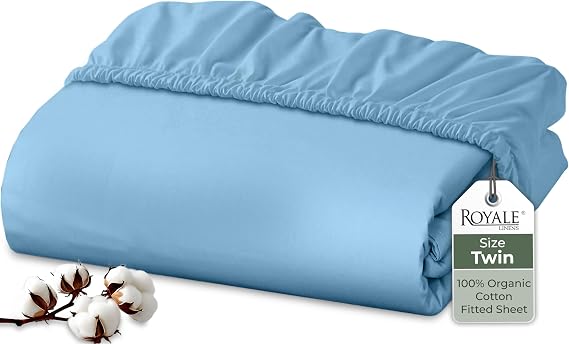 Royale Linens 100% Organic Cotton Fitted Sheet - Percale Weave - Super Soft Deep Pocket Bottom Sheets - Lake Blue Elastic Sheet Twin Size - Twin Fitted Sheets Only - (39"x75"+15", Lake Blue)