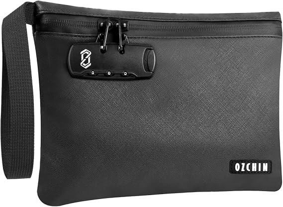 OZCHIN Smell Proof Storage Bag with Combination Lock, Carbon Lining Locking Bag PU Leather Waterproof Lockable Case Great Christmas Xmas Gifts for Women Men -25 x 18 CM