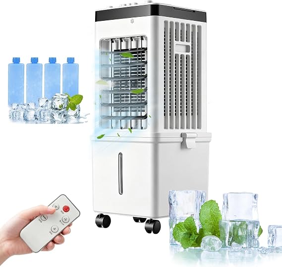 Portable Evaporative Air Cooler Fan with 15L Removable Water Tank,Quiet Cooler Fans Cooling Unit with 3 Speed,Timer,Remote Control,Powerful Cooling Fan for Home Office Bedroom Living Room [Energy Class A+++]