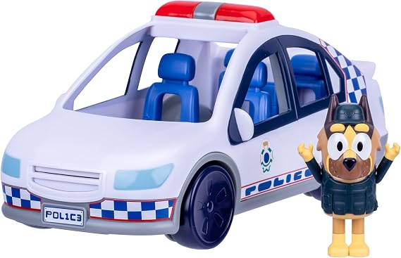 Bluey Police Car Toy, Vehicle from The Special Episode The Sign. Includes Toy Police Car with Flashing Lights & Sounds, Policeman Figure, and Themed Sticker Set. Batteries Included.