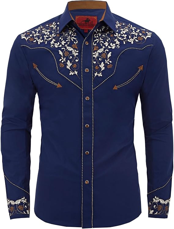 Men's Western Cowboy Embroidered Long Sleeve Casual Snap Button Down Shirt