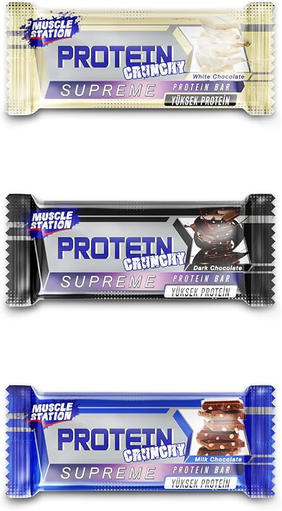 Musclestation Supreme Crunch Protein Bar Mixed package (12 x 40 gr, Milk Chocolate, Dark Chocolate, White Chocolate)