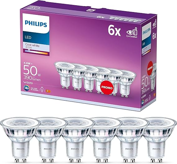 PHILIPS Classic Spotlight LED Bulb, GU10, Pack of 6 [Energy Class F]