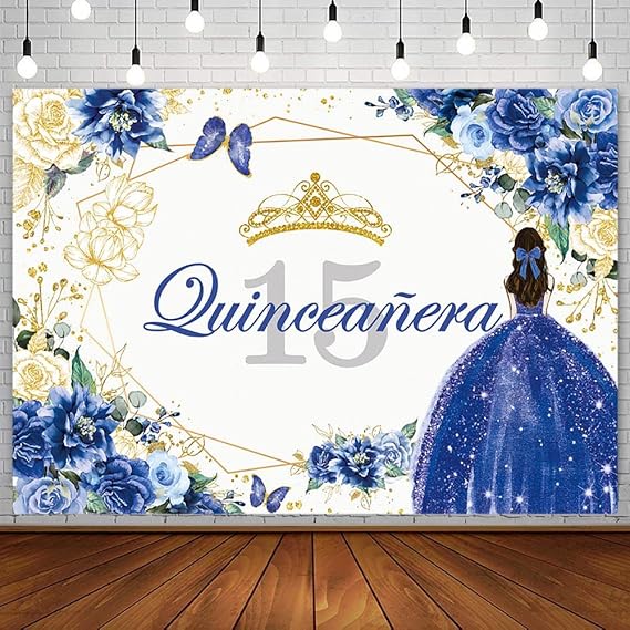 Sendy SENDY 7x5ft Quinceanera 15th Birthday Backdrop for Sweet Girl Mis Quince Anos Party ations Royal Blue Gold Glitter Floral Crown Butterfly Banner Photography Background Photo Props