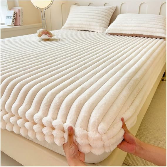 Velvet Fitted Sheet, Soft Plush Fitted Sheet Bedspread, Fluffy Warm Fitted Bed Sheet, Bedcover Mattress Cover with Elastic, Easy Care Mattress Protector for All Beds(White,90x200cm(Twin))