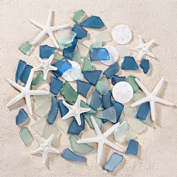 Blulu Sea Glass Decor 5.3 oz and 12 Pcs Resin Starfish Sand Dollar Ornament