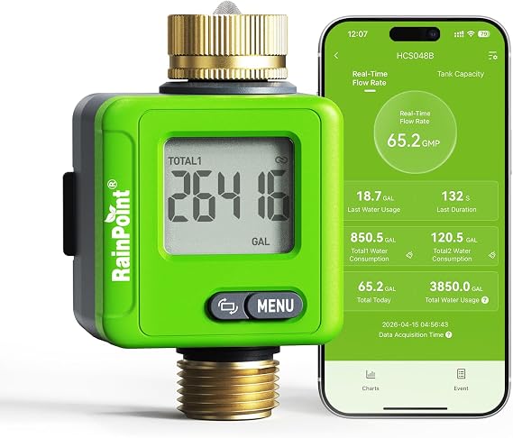 RAINPOINT Bluetooth Smart Water Flow Meter, Brass Fittings, 180 Flip LCD Screen, APP Monitor Water Usage & Flow Rate, Gallon/Liter Measure for Garden, RV, Sprinklers & Hose Nozzles,Green