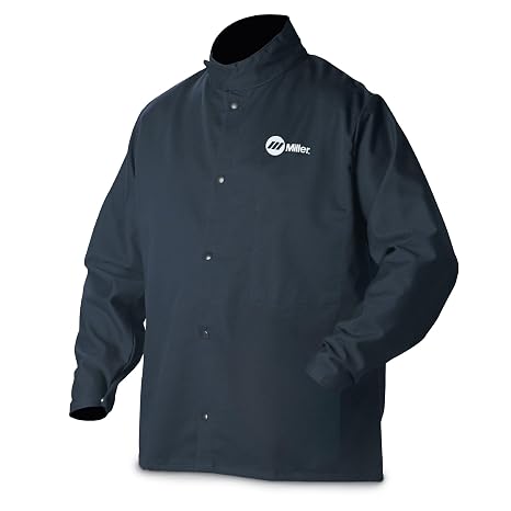 Miller Classic Cloth Welding Jacket, 9oz Navy Cotton, XL, Flame Resistant | Men's navy 9 oz pre-shrunk flame resistant cotton welding jacket; Barracuda collar, five snaps; light-duty; everyday welding
